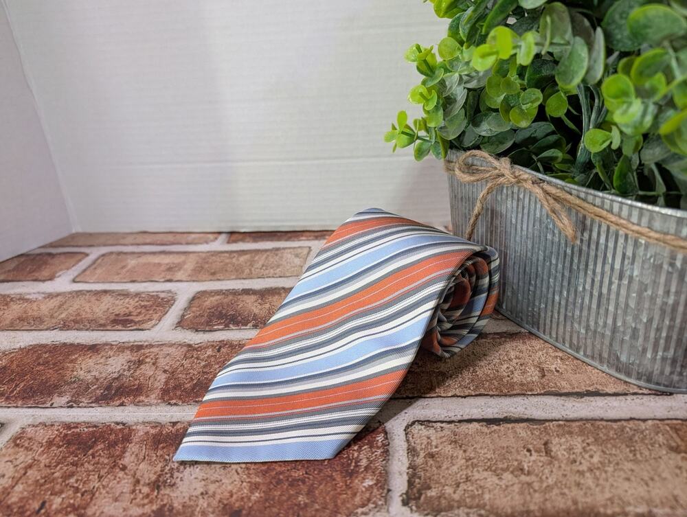 Geoffrey Beene Blue Peach Grey Silk Men’s Diagonal Striped Neck Tie Necktie